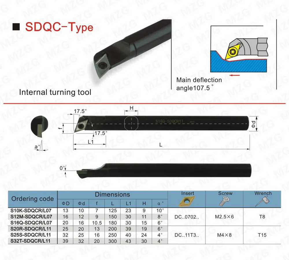 MZG S16N-SDQCR07, 8 мм, 10 мм, 16 мм, токарный станок с ЧПУ, токарный станок, резак, обработка отверстий, Зажимной замок, внутренний расточной инструмент