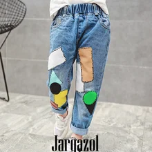 Jargazol/джинсы для детей; модные джинсы с карманами в Корейском стиле для маленьких девочек; детская одежда; весенне-осенние штаны; джинсовый костюм для подростков