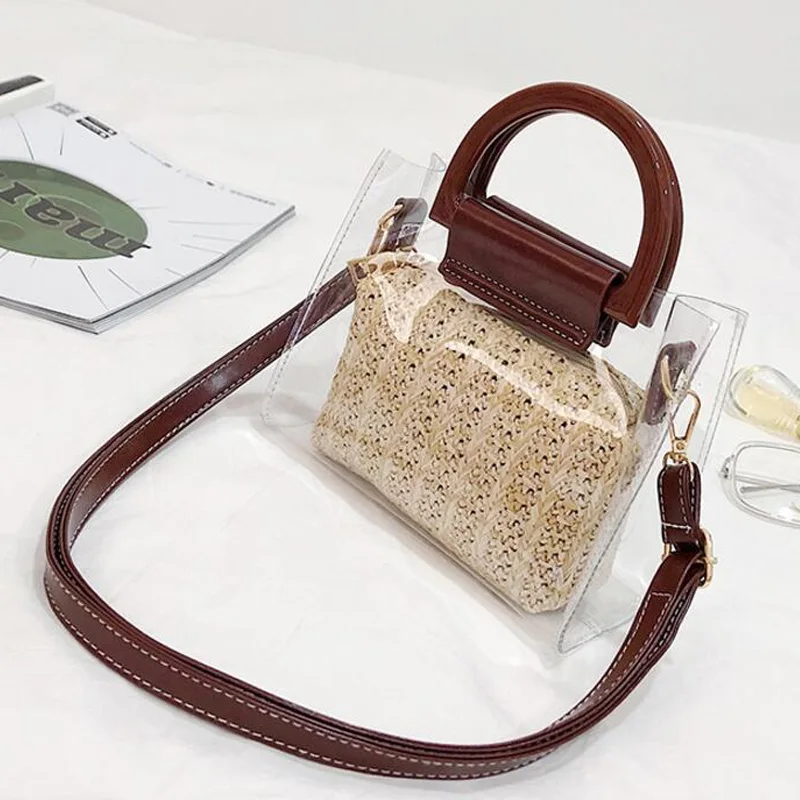 

Transparent Bag Summer Straw Messenger Bag Two-Piece Female Transparent Bag Handbag Shoulder Bag