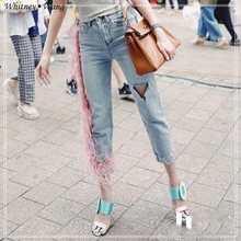 WHITNEY WANG весна лето мода уличная одежда с дырками розовые перья Джинсы женские джинсовые штаны