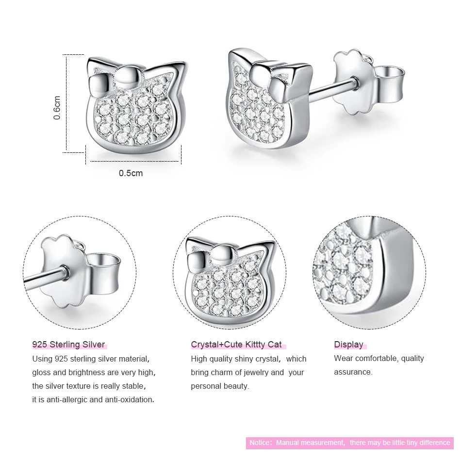 ELESHE Cartoon Animal Cat Stud Earrings for Women Cute 925 Sterling Silver Crysral Earrings Girl Friendship Christmas Gifts