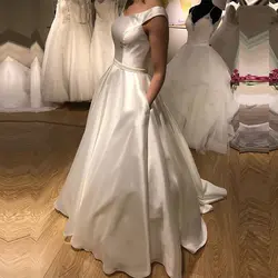 Ангел Женат Vestido Casamento атласные свадебные платья с карманами совок шеи кепки рукавом Свадебные платья robe de mariage 2019