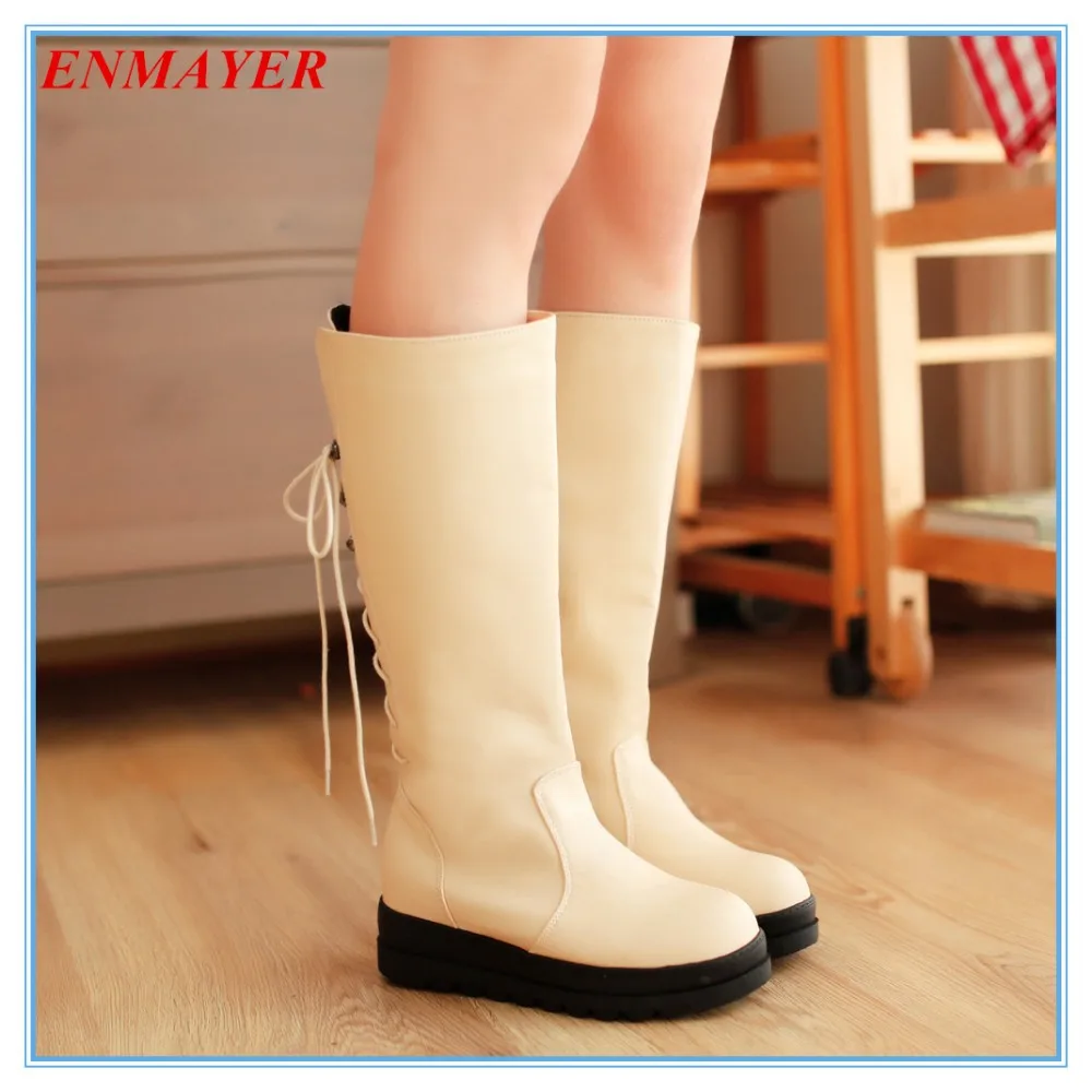 

ENMAYER free shipping hidden heels platform fashion boots back lace up mid-calf women boots round toe solid autumn winter boots