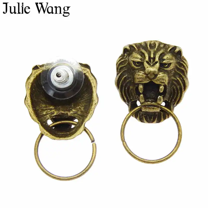 

Julie Wang 2-16PCS Alloy Antique Bronze Lion Head Animal Stud Earrings With Ear Plugs Men Women Vintage Rock Punk Jewelry