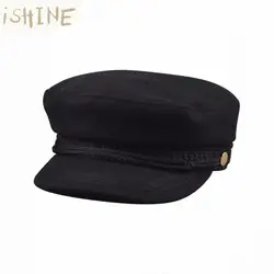 ISHINE 2018 зимние шапки для женщин восьмиугольная кепки шерсть Кнопка Бейсбол s козырек от Солнца шляпа Кепка с металлической буквой Touca черный