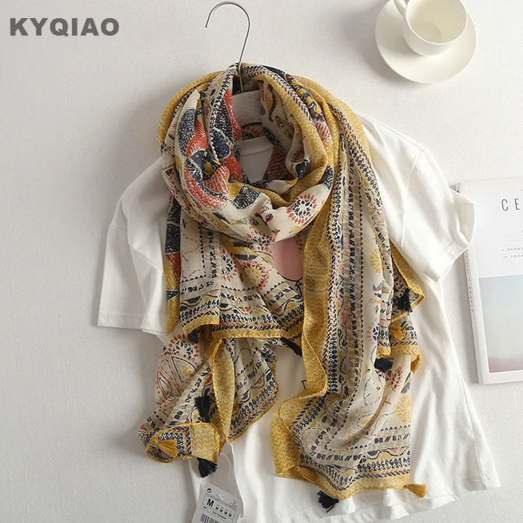 

KYQIAO Original designer scarf 2019 women autumn winter Spain style bohemian hippie long yellow print scarf muffler cape