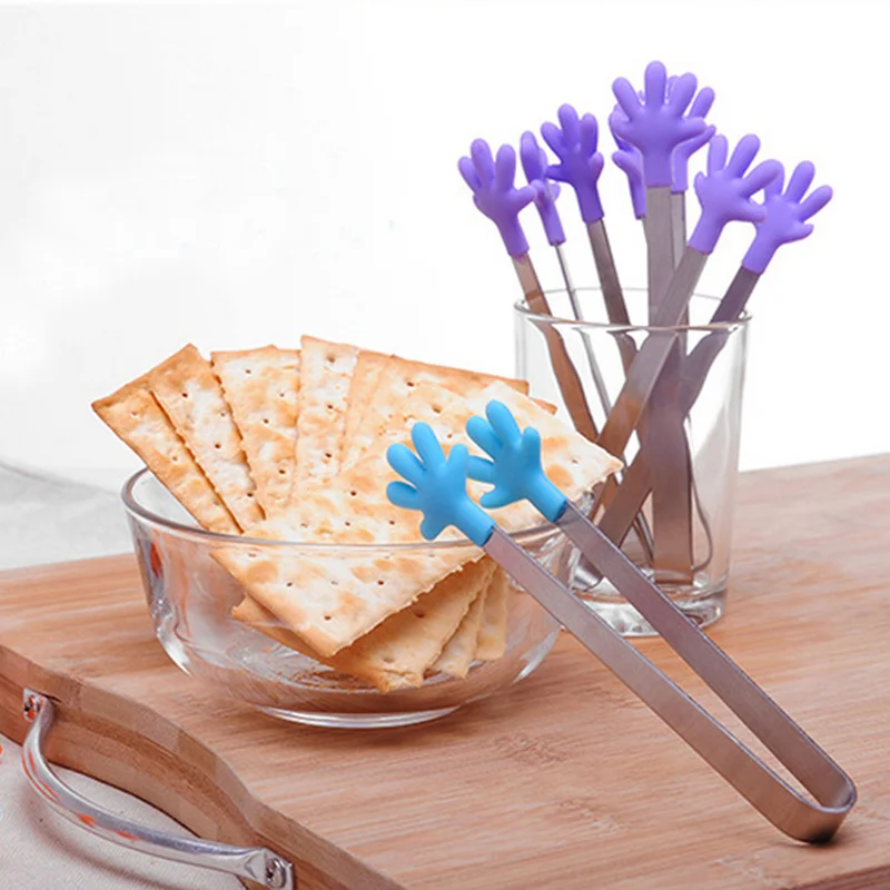 

Serving BBQ Tongs Stainless Steel Handle Utensil Creative Hand Shape Cooking Tools Mini Silicone Food Clip Kitchen Accessories