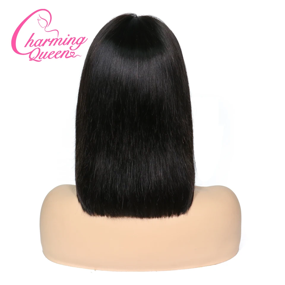 Charming Queen 13*4 Lace Front Human Hair Wigs With Bangs 130% Brazilian Remy Hair Straight Short Bob Wigs For Women Baby Hair