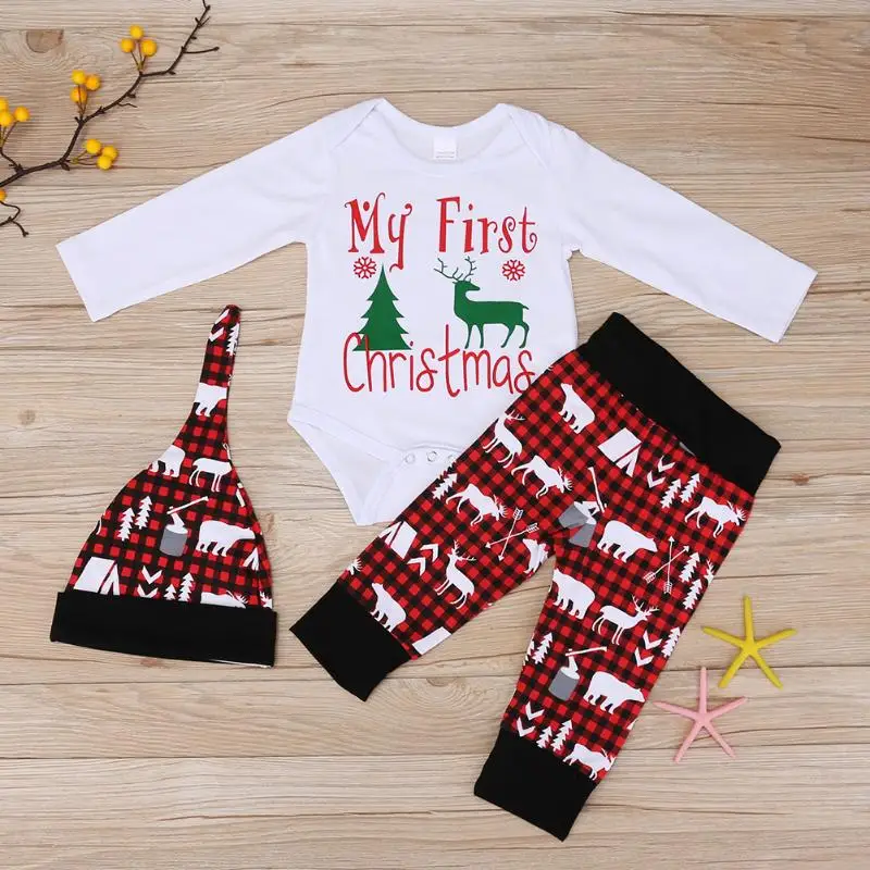 Fashion Baby Clothes Set My First Christmas Boy Girl Deer Letter Print Romper Plaid Pants with Hat for Newborn Clothing цена Fashion Baby Clothes Set My First Christmas Boy Girl Deer Letter Print Romper Plaid Pants with Hat for Newborn Clothing цены онлайн