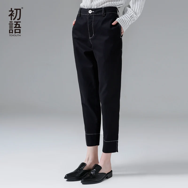 

Toyouth Pants 2017 Summer New Women Casual Cotton Pant Ankle Length Black Color Straight Trousers
