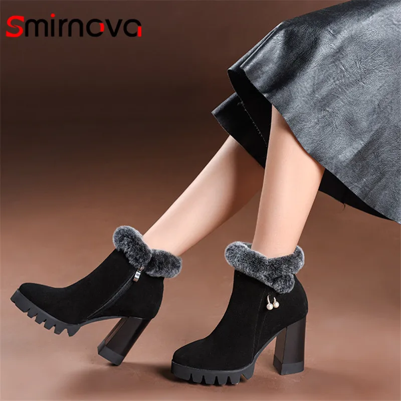 

Smirnova NEW arrive 2020 elegant fur cow suede leather boots casual platform ankle boots fashion woman boots super high heel