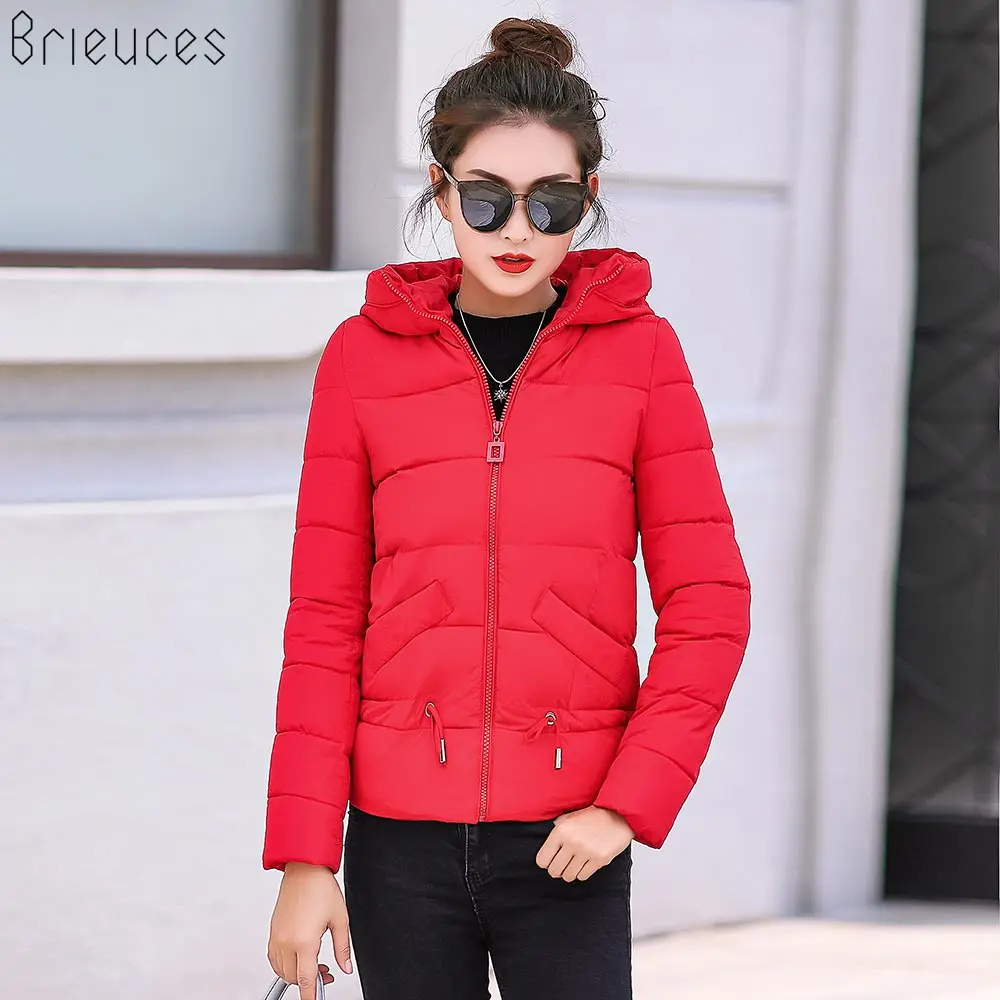 Brieuces 2019 Winter Jacket Women Coat Warm Parkas Short Hooded Cotton-padded Coats Solid Color Basic Wadded Jacket Female