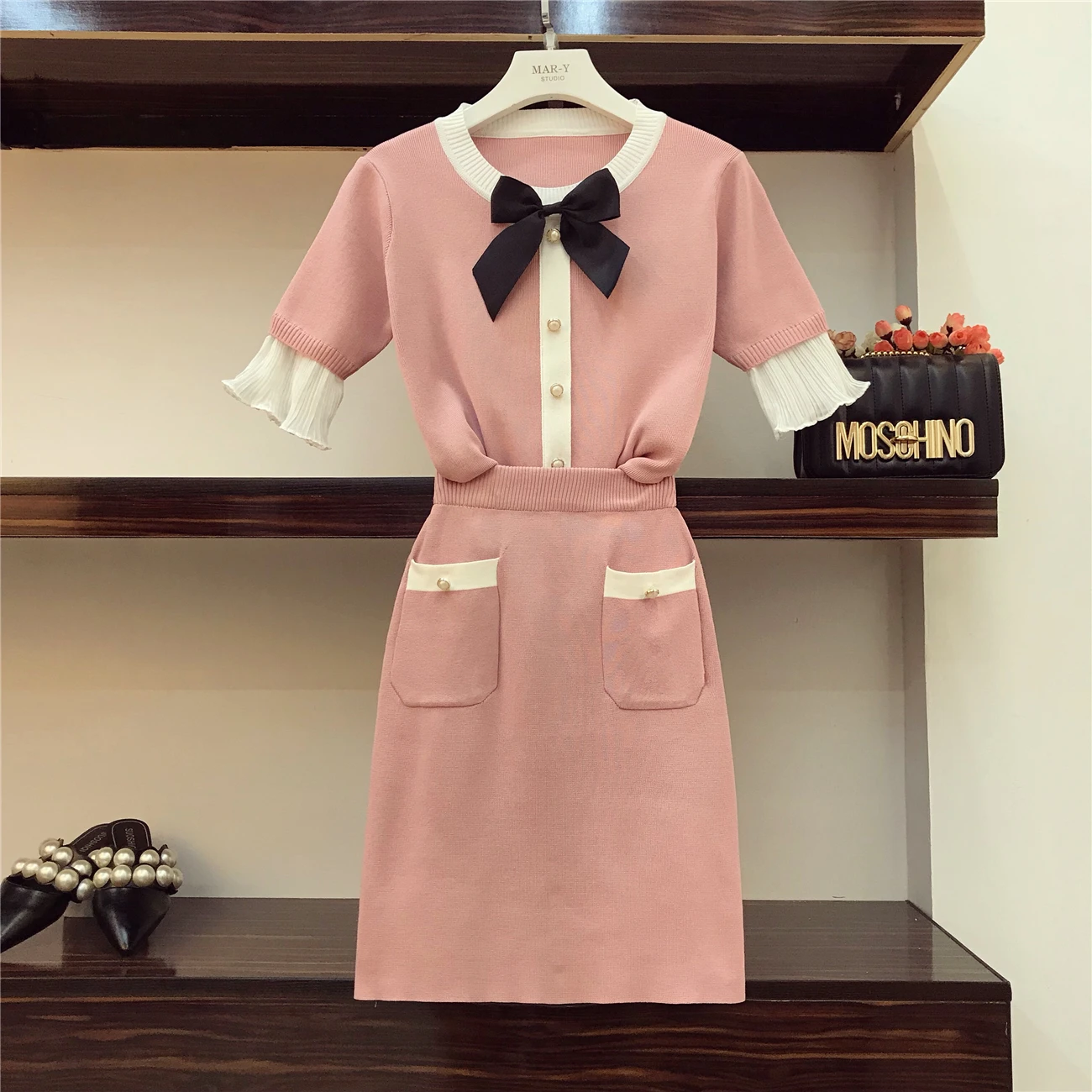 

2018 Summer Autumn Women's Color Patch Pleated Horn Sleeve Bow Tie Knitted Jacket + High Waist Skirt Girl Lady Two-piece Sets
