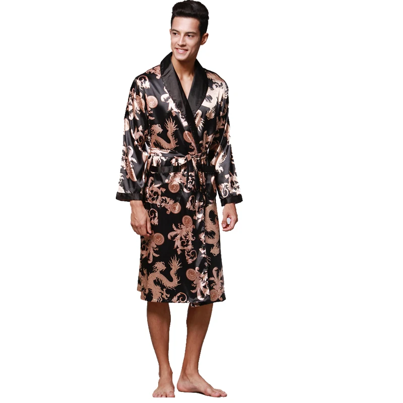 Men Long Sleeve Satin Dragon Silk Nightwear Bathrobes Bath Robe Summer New Kimono Robes Turn-Down Collsr Loose Causal Sleepwear