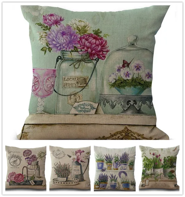 Wholesale Vintage Flowers Pillow Cover Cushion Cover Linen Cotton Throw