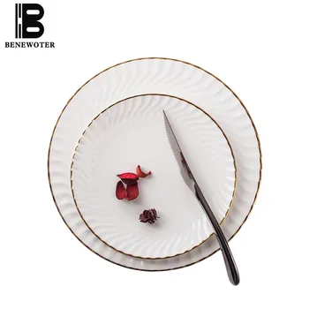 

Creative Ceramic Bone China Large Steak Plate European Style Tableware Gold Rim Spaghetti Dishes Home Garden Pastry Cake Saucers