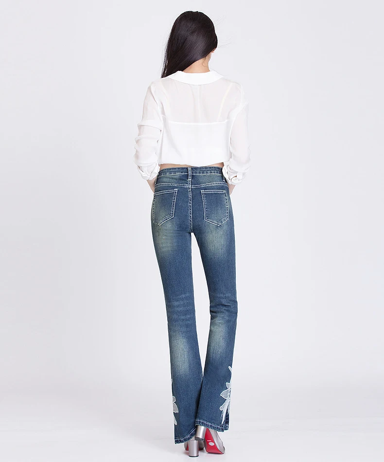 FERZIGE/женские джинсы с вышивкой; большие ботинки с цветами и разрезом; открытые расклешенные брюки с пуш-ап эластичной резинкой на высокой талии; винтажные; 36