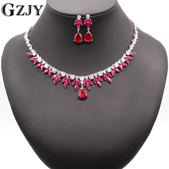 

GZJY Luxury Bridal Gold Color Water Drop Red&Green AAA Zircon Necklace Earring Jewelry Set For Women Wedding Party Jewelry