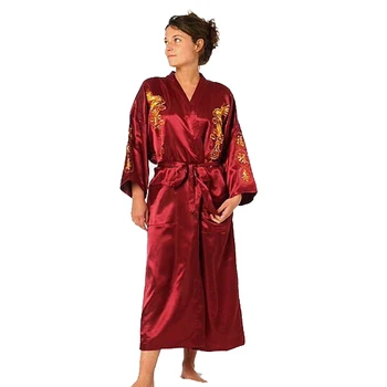 Burgundy Satin Embroidery Dragon Kimono Bathrobe Gown Women's Sexy Satin Robe Long Nightgown Sleepwear Size S M L XL XXL XXXL женский халат laogudai dropshipping s m l xl xxl xxxl s0004