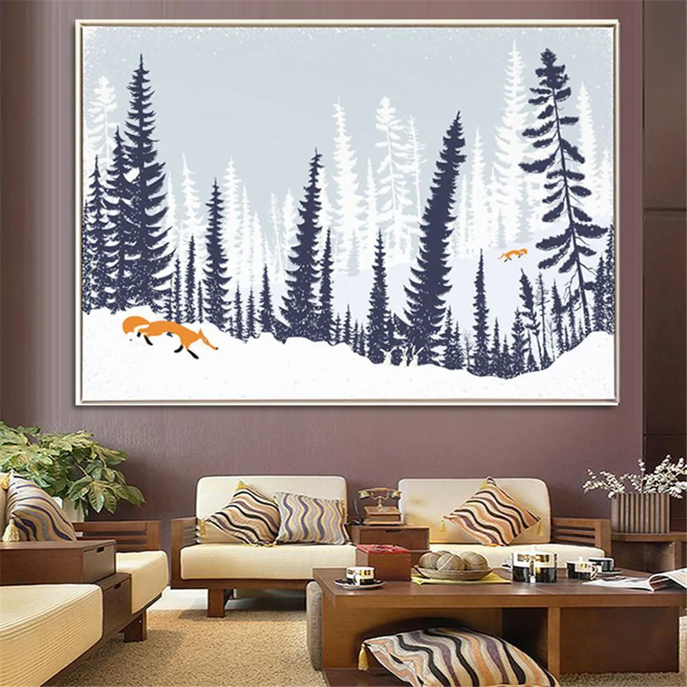 

HAOCHU Xmas Snow Scence Picture Landscape Canvas Painting Outdoor Elk Forest Print Backdrop Wall Art Living Office Bedroom Decor
