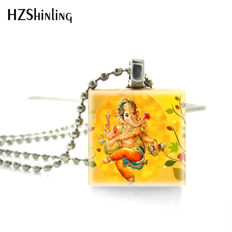 

2018 New Scrabble Game Tile Jewelry Lord Ganesh Ganesha Pendant Hindu Elephant Ball Chain Wooden Scrabble Tiles Necklace
