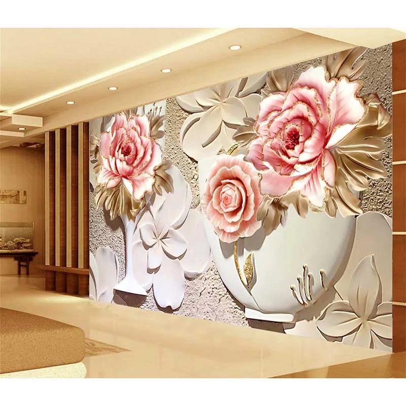 Wholesale HD 3D Pink Rose Flowers Mural Paper Customized Non Woven Wallpaper For Walls Photo
