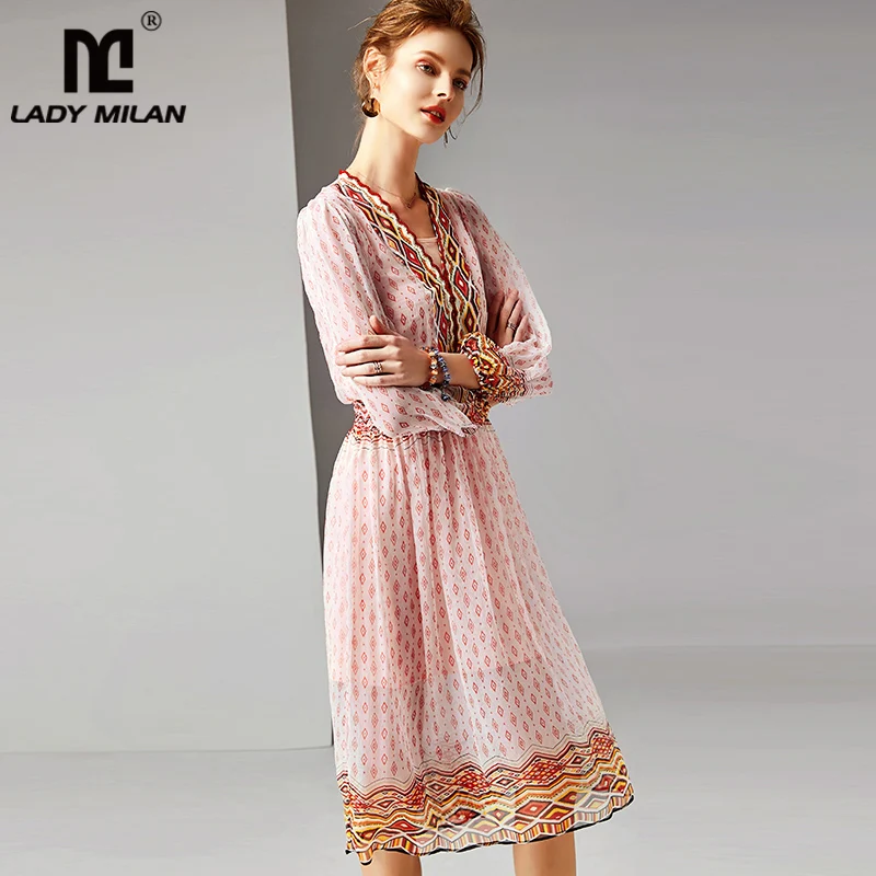 

2019 100% Silk Women's Runway Dresses Sexy V Neck 3/4 Sleeves Printed Elastic Waist Fashion Casual Dresses