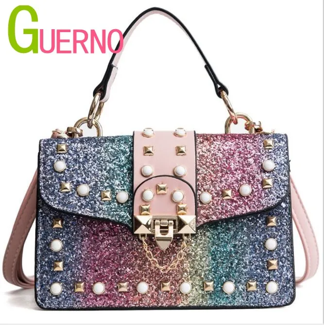 

GUERNO Women's bag 2019 tide sequins portable shoulder bag rivets joker messenger bag small square bag al128