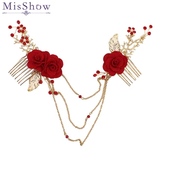 

Fashion Red Flower Bridal Headpiece Headband Wedding Bride Hair Accessories Combs with Tassels Chains for Women Hair Ornaments