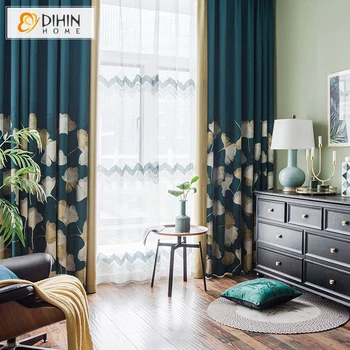 

American Pastoral Blue Ginkgo Printed Blackout Curtains Customized Window Shade For Living Room 1 Panel