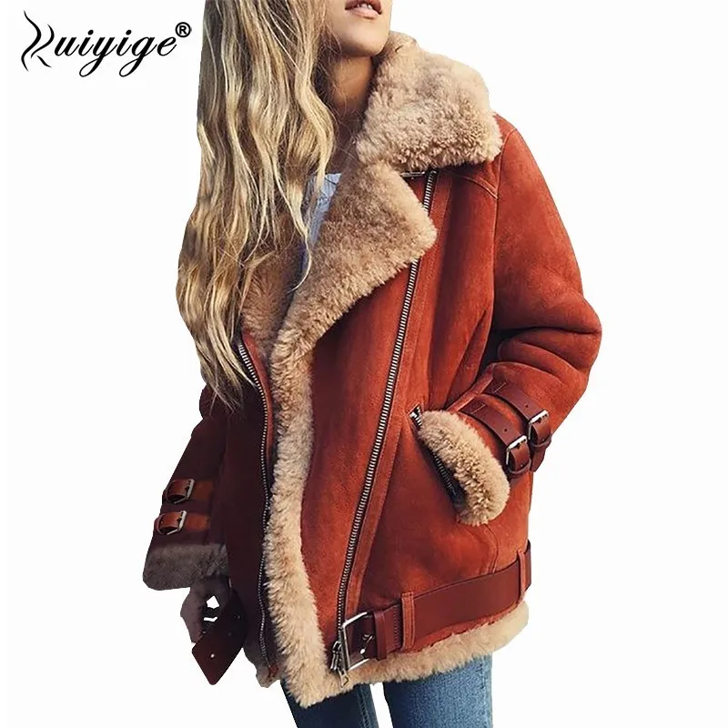 

Ruiyige 2018 Winter Jacket Women Suede Lamb Wool Warm Coat Belt Turn Down Collar Lady Outwear Zipper Moto Overcoat Plus Size 5XL