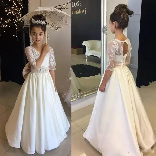 White A Line Flower Girl Dresses For Weddings O-neck Half Sleeve Little Girls Pageant Dress For Teens Open Back Holy Communion Gowns