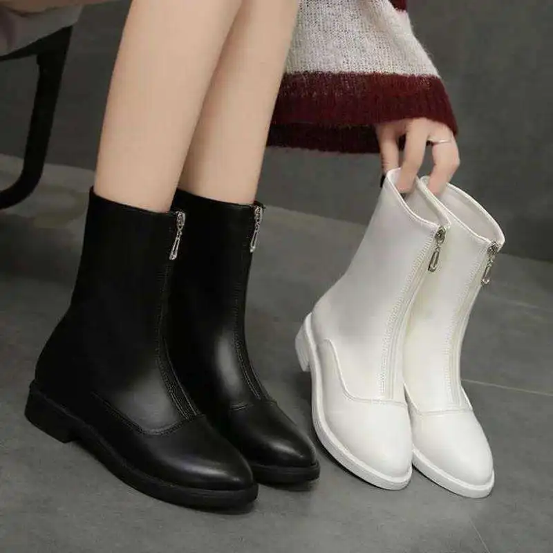 LZJ/модные ботинки на молнии женские зимние ботинки высокие сапоги на толстом высоком каблуке Демисезонная обувь без застежки с круглым носком Женская обувь черного и белого цвета