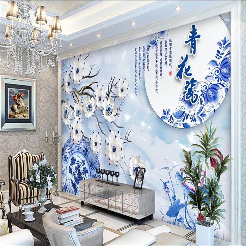 

beibehang Chinese Lotus blue white porcelain Large wall papers home decor HD Flower Background 3D Mural wallpaer for Living Room