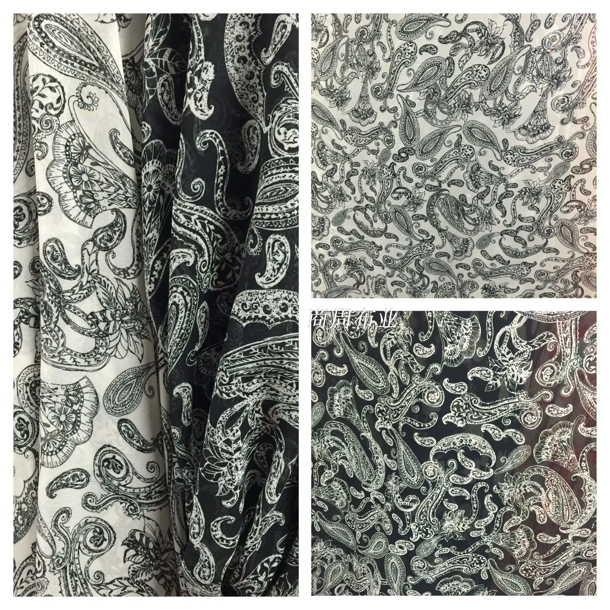 Folk style black and white Cashew nuts printed chiffon fabrics Bohemia ...