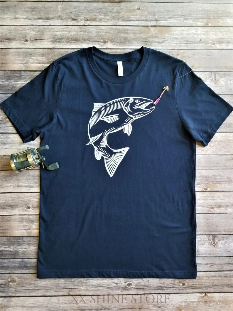 

Mens Salmon Fishing Tee Dads Fishing Shirt Fish On T-shirt Grandpas Favorite Tee Unisex Outdoor Shirt Tall Mens Tee
