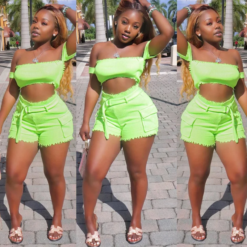 

SKMY two piece set neon green crop top and high waist shorts jogger set 2019 summer women vacation shorts sexy tracksuits
