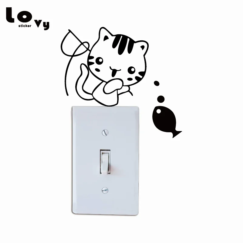Cute Kitten Fishing Switch Sticker Creative Cartoon Cat Vinyl Wall Sticker for Kids Room Bedroom Home Decor Cute Kitten Fishing Switch Sticker Creative Cartoon Cat Vinyl Wall Sticker for Kids Room Bedroom Home Decor
