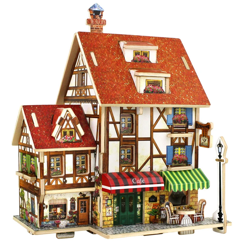Nice 3D House Building Wood Puzzle Toy DIY Model Kid s Toy France French Style Coffee