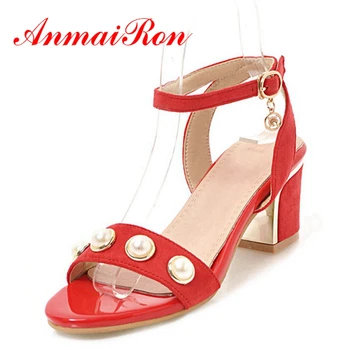 

ANMAIRON Female Med Heels Sandals Fashion Shoes woman Summer Peep Toe Dress Career Office Shoes Thick heels Pearl Metal CR132