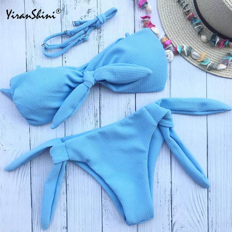 

YIRANSHINI Women Low Waist Strapless Backless Brazilian Bikinis Maillot De Bain 2018 Red Black Pure Color Bikini Set Push Up