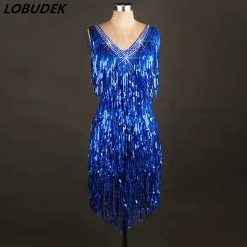 

Female Sexy backless costume Sparkly sequins tassels one piece dress Latin jazz Cha-cha samba dance All-match performance Dress