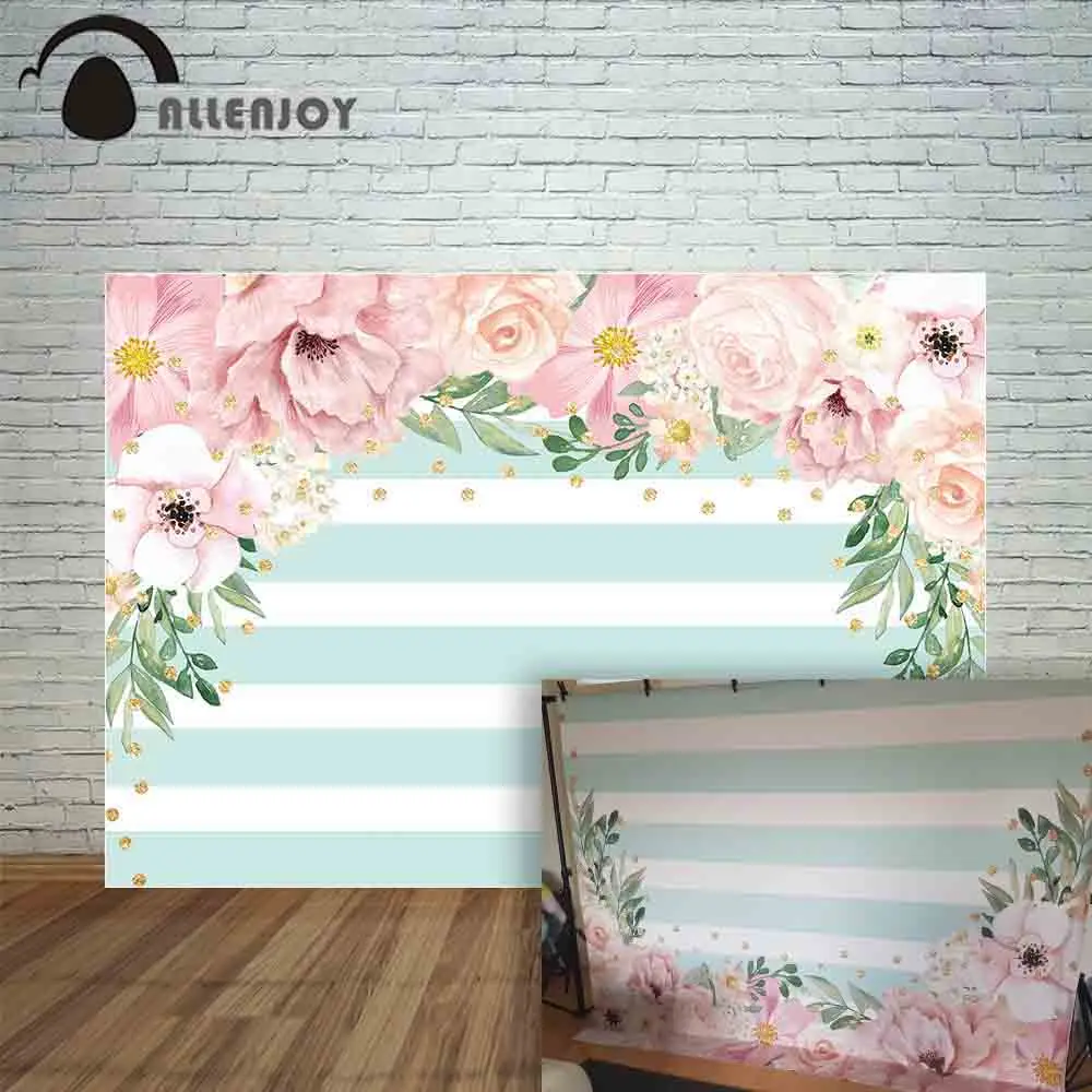 

Allenjoy photocall backdrop photography green stripes pink flowers romantic hand painted background photophone wallpapers