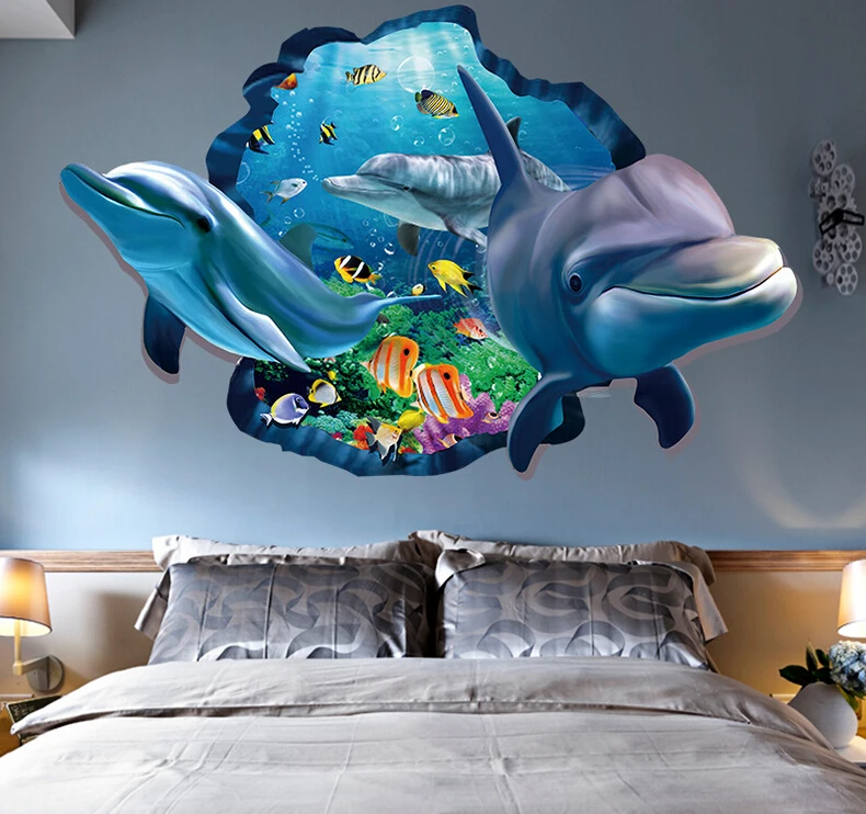 3 D наклейки на стену синий Дельфин Съемный DIY арт Фреска ПВХ 3D наклейки на стене дельфина для украшения детской комнаты