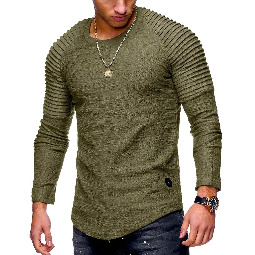 Man Autumn Slim Fit Sweatshirt T Shirt Pullover Pleated Longsleeve