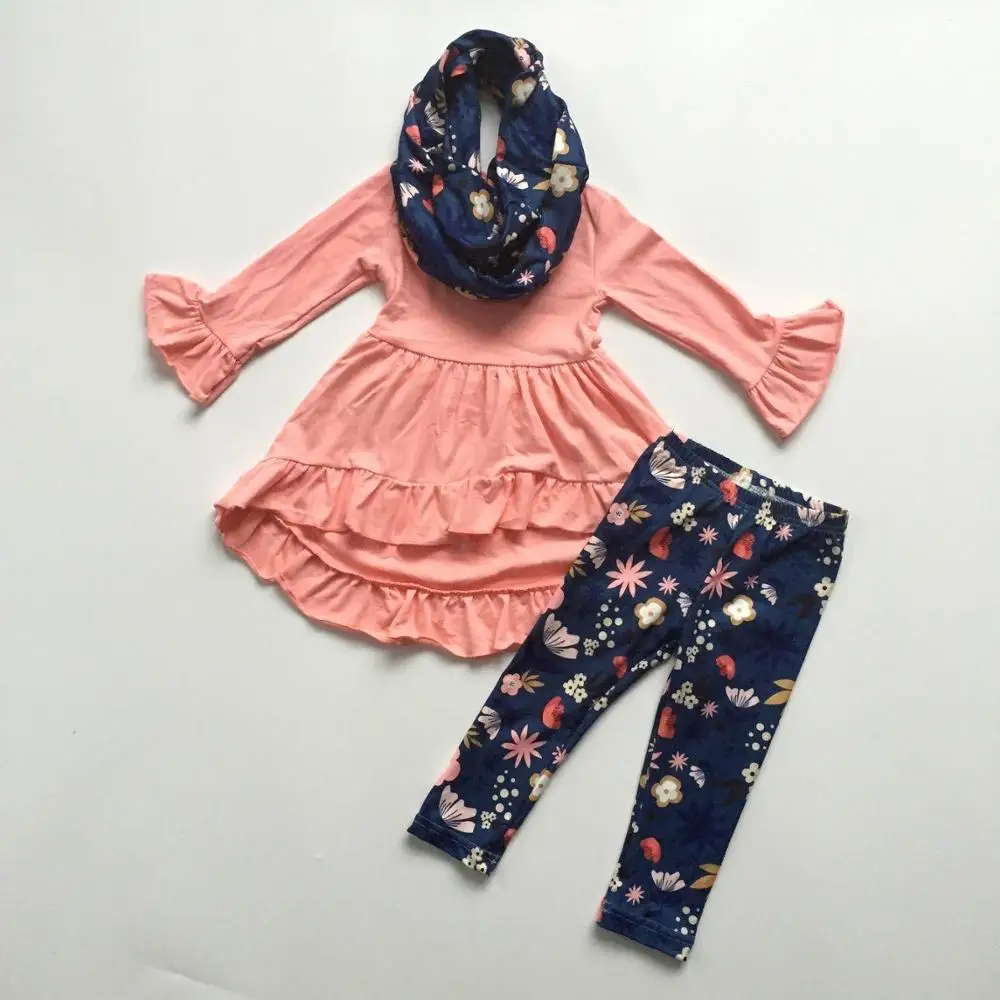Осенняя одежда Комплекты из 3 предметов для девочек с шарфом комплекты с цветочным рисунком для девочек Коралловое платье топ с темно-синими штанами