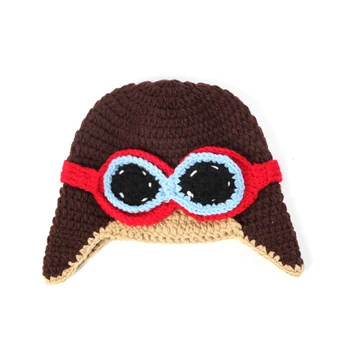 

Cute Newborn Photography Props Handmade Knitted Brown Crochet Babys Cap Pilot Baby Hat with Glasses Props Well T