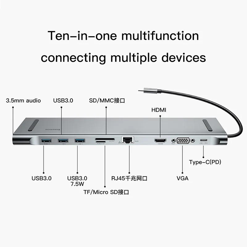 Baseus USB C концентратор все в одном type C к HDMI VGA RJ45 SD/TF кард-ридер аудио конвертер USB разветвитель для Macbook Pro USB-C 3,0 концентратор