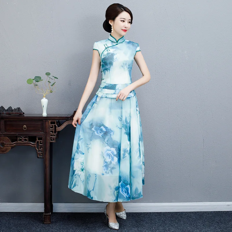 2019 новые женские длинные Cheongsam рубашка юбка комплект летний Традиционный китайский стиль шифон Qipao женские тонкие вечерние платья S-3XL