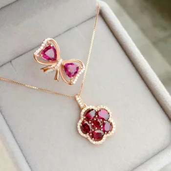 

famous brand bow flowers girls Natural semi-precious stones magnesium slag material by Sri Lanka garnet Women gold jewelry set